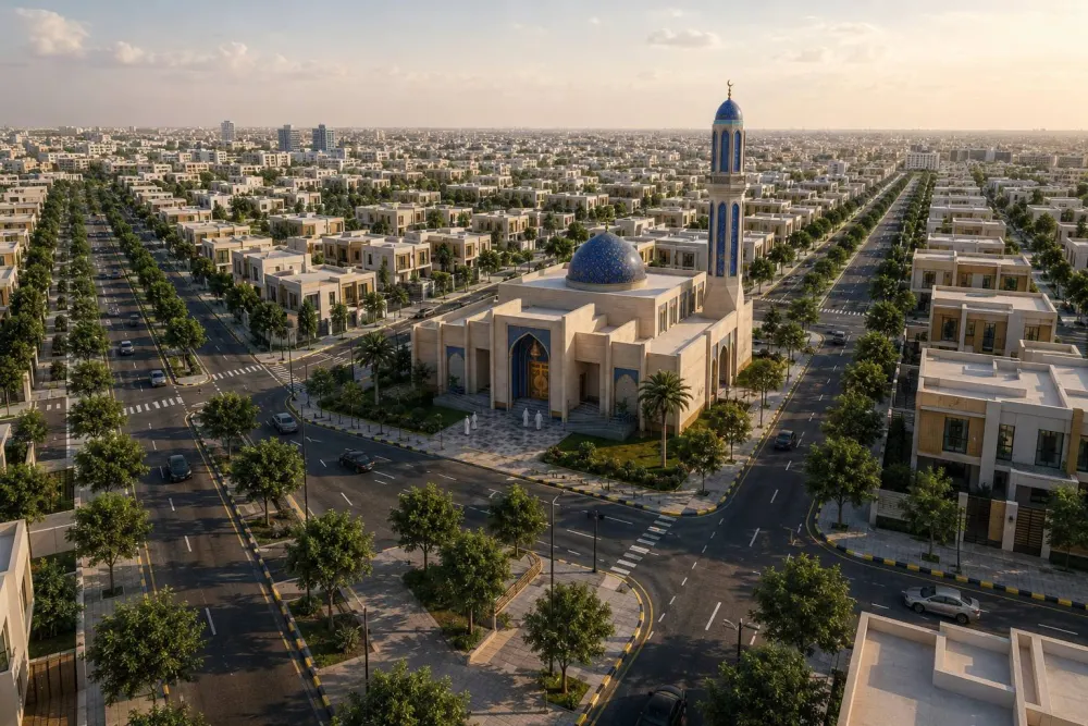 مدينة ذي قار الجديدة — منظر جوي لجامع المدينة والأحياء السكنية